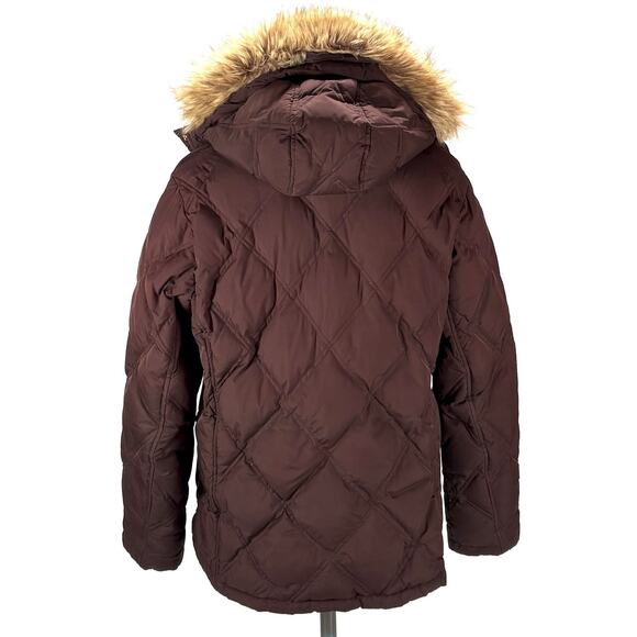 Lands End Down Jacket Womens Large 14-16 Brown Down Filled Zip Up Coat Fur Hood - Picture 2 of 14